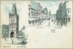XVI - Dvouzáběrová pohlednice s Prašnou bránou a s ulicí Na příkopě od Václavského náměstí